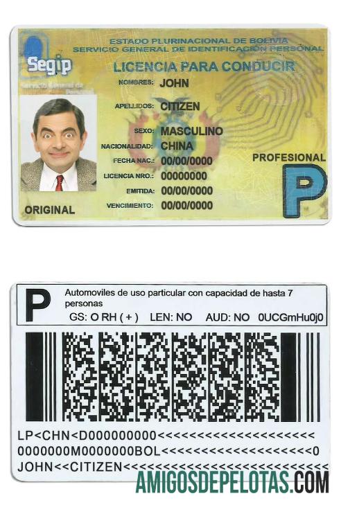 Carteira de motorista da Bolívia amostra